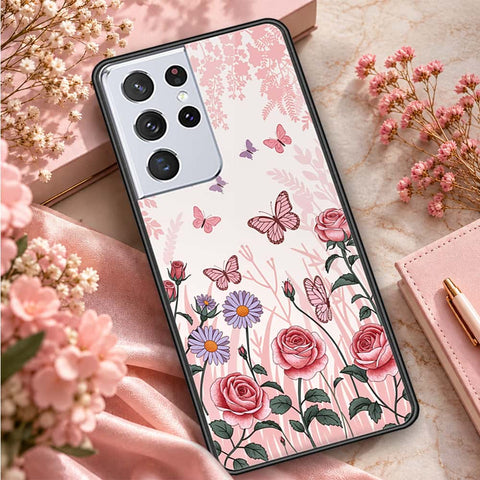 Samsung Galaxy S21 Ultra 5G Cover - ONation Botanical Bloom Series - HQ Ultra Shine Premium Infinity Glass Soft Silicon Borders Case