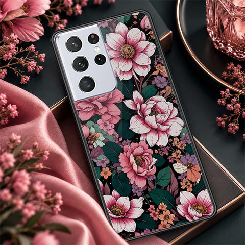 Samsung Galaxy S21 Ultra 5G Cover - ONation Botanical Bloom Series - HQ Ultra Shine Premium Infinity Glass Soft Silicon Borders Case