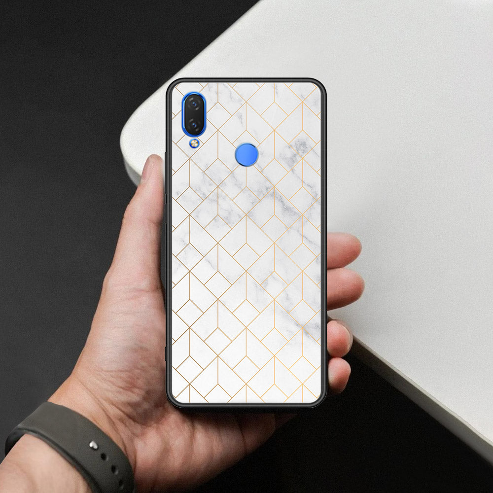 Huawei Y9 2019 Cover - White Marble Series 2 - HQ Ultra Shine Premium Infinity Glass Soft Silicon Borders Case