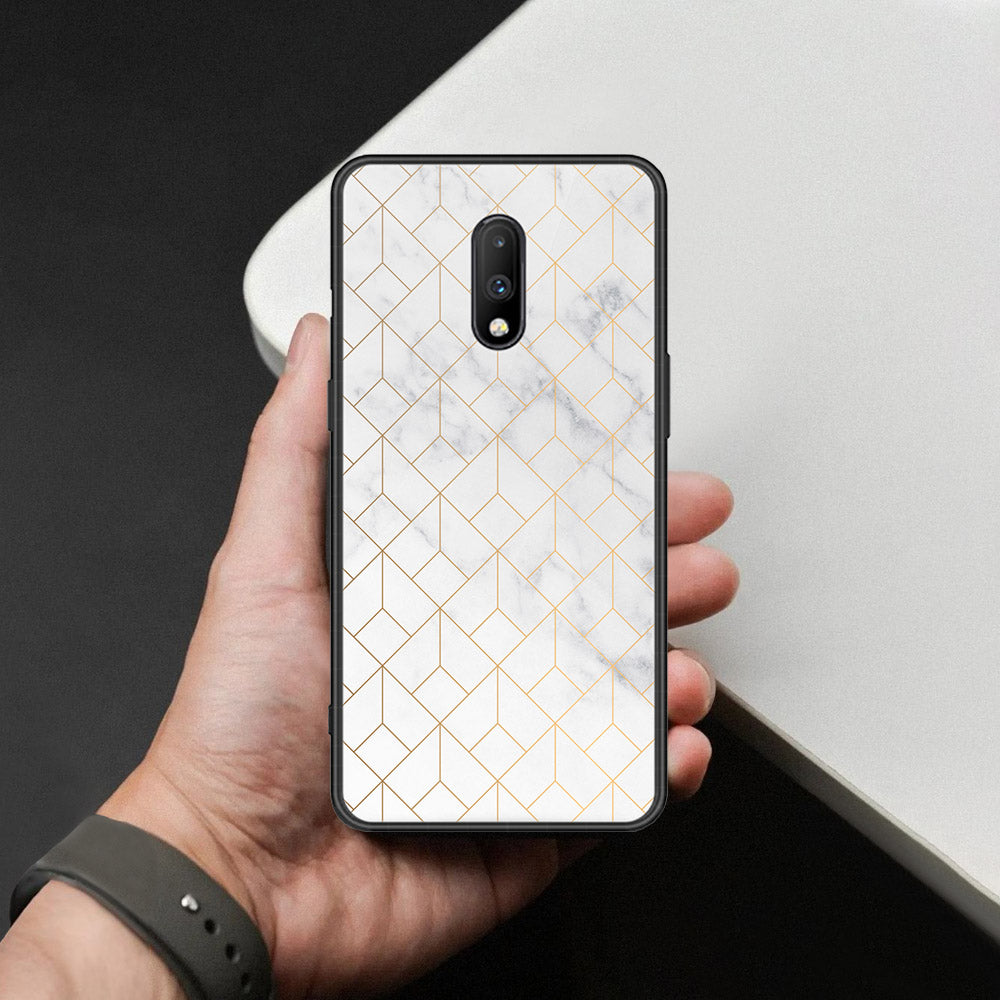 OnePlus 7 Cover - White Marble Series 2 - HQ Ultra Shine Premium Infinity Glass Soft Silicon Borders Case