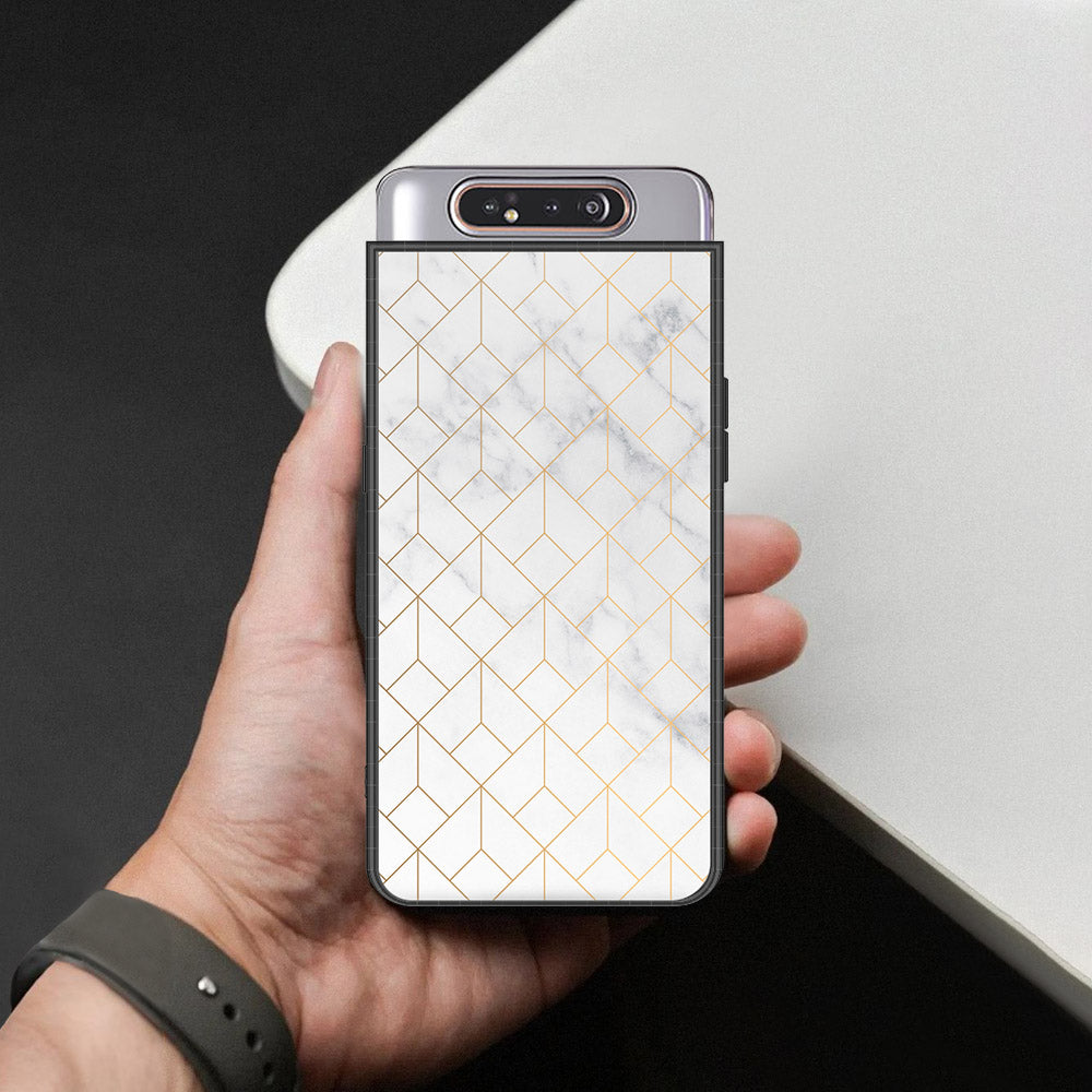 Samsung Galaxy A80 Cover - White Marble Series 2 - HQ Ultra Shine Premium Infinity Glass Soft Silicon Borders Case