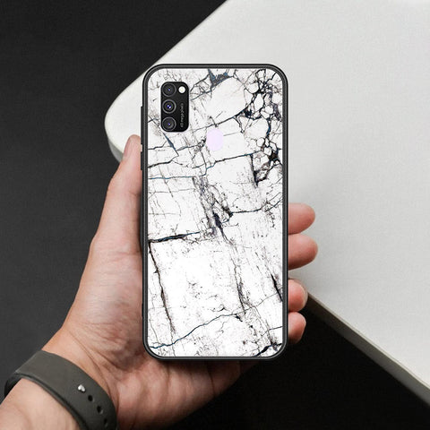 Samsung Galaxy M21 Cover - White Marble Series 2 - HQ Ultra Shine Premium Infinity Glass Soft Silicon Borders Case