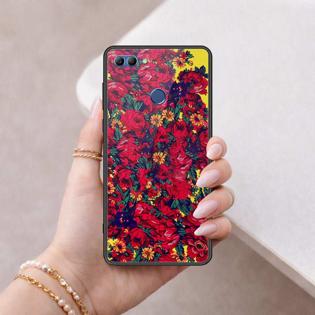 Huawei Y9 2018 Cover - Floral Series - HQ Ultra Shine Premium Infinity Glass Soft Silicon Borders Case