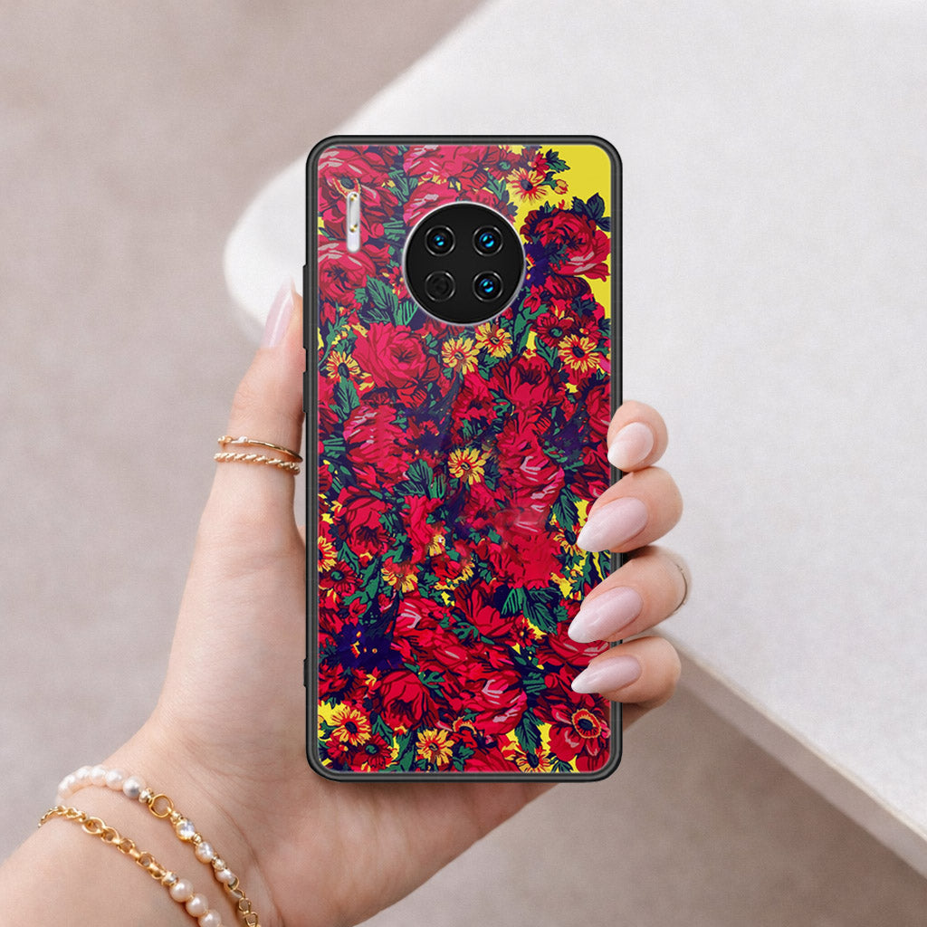 Huawei Mate 30 Cover - Floral Series - HQ Ultra Shine Premium Infinity Glass Soft Silicon Borders Case