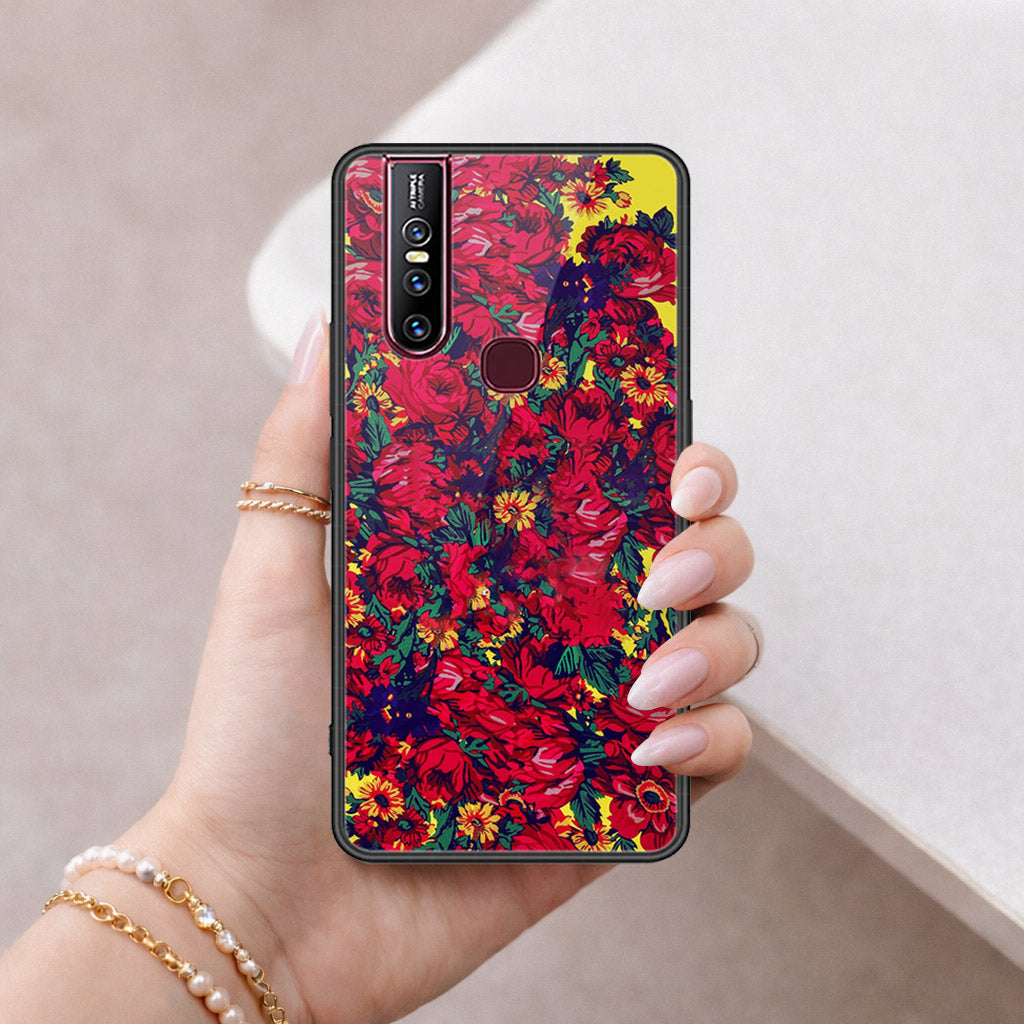 Vivo V15 Cover - Floral Series - HQ Ultra Shine Premium Infinity Glass Soft Silicon Borders Case