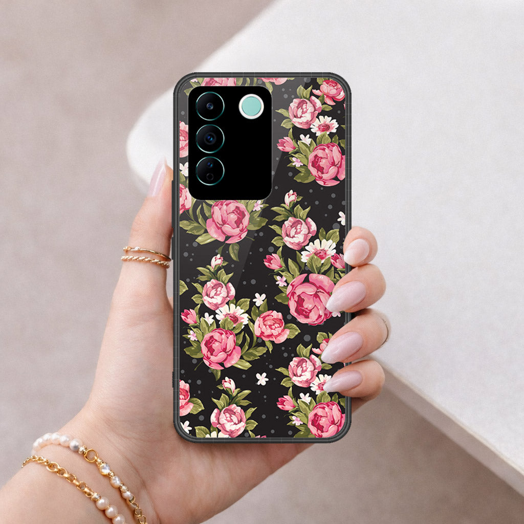 Vivo V27e Cover - Floral Series - HQ Ultra Shine Premium Infinity Glass Soft Silicon Borders Case (Fast Delivery)