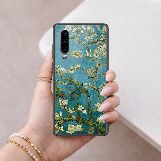 Huawei P30 Cover - Floral Series 2 - HQ Ultra Shine Premium Infinity Glass Soft Silicon Borders Case
