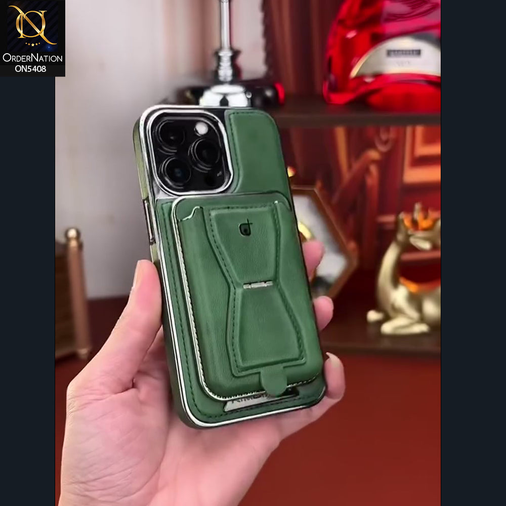 iPhone 16 Pro Max Cover - Green -  Rimbmax Premium Leather Protective Case With Portable Folding Bracket Card Holder