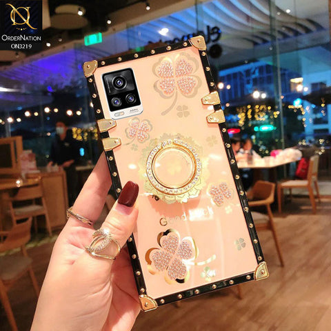 Vivo V20 Cover - Golden -  Square Bling Diamond Glitter Soft TPU Trunk Case with Ring Holder