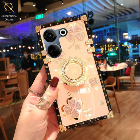 Tecno Camon 20 Pro Cover - Golden - Square Bling Diamond Glitter Soft TPU Trunk Case with Ring Holder