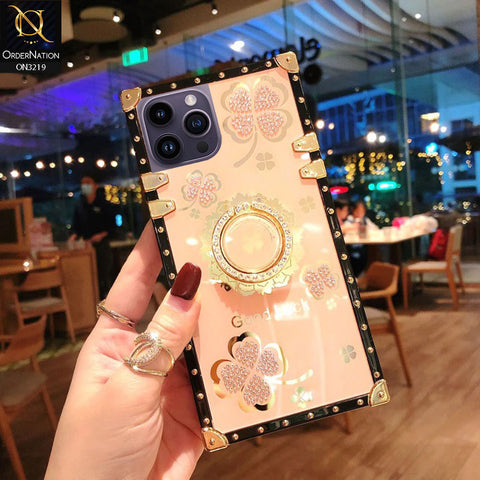 iPhone 14 Pro Cover - Golden - Square Bling Diamond Glitter Soft TPU Trunk Case with Ring Holder