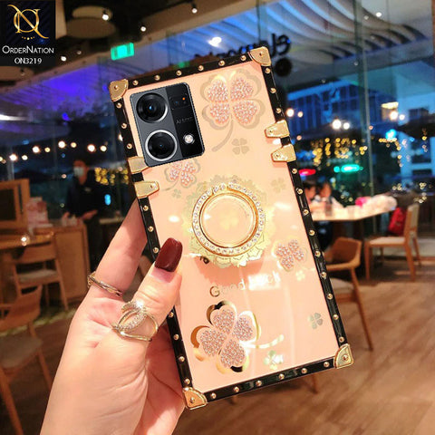 Oppo Reno 7 4G Cover - Golden -  Square Bling Diamond Glitter Soft TPU Trunk Case with Ring Holder