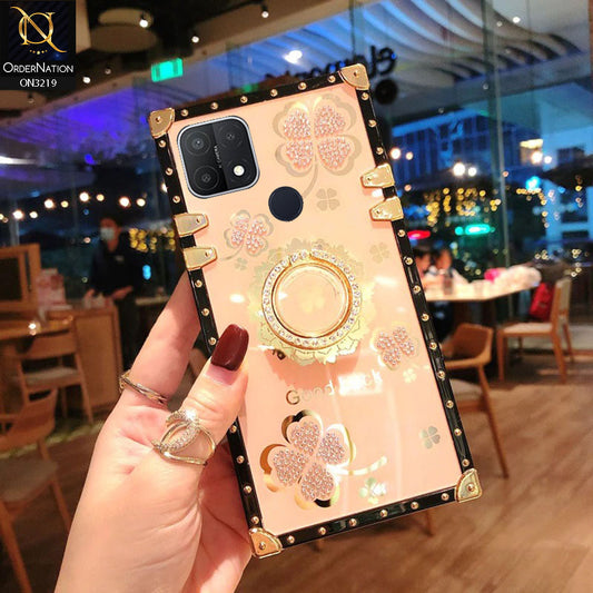Oppo A15 Cover - Golden -  Square Bling Diamond Glitter Soft TPU Trunk Case with Ring Holder