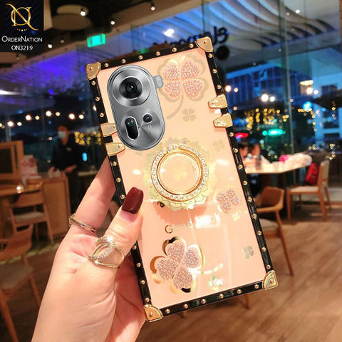 Oppo Reno 11 5G Cover - Golden - Square Bling Diamond Glitter Soft TPU Trunk Case with Ring Holder