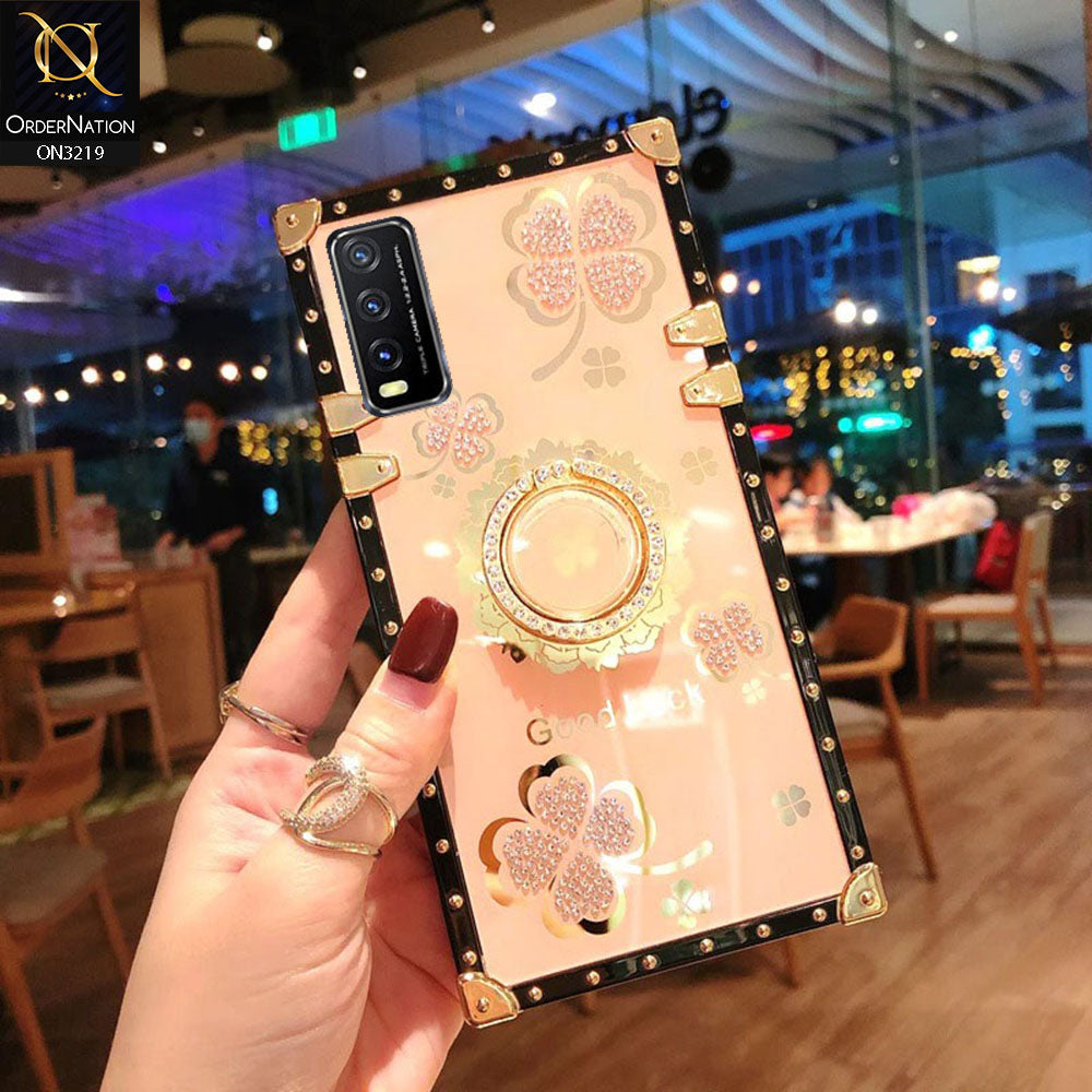 Vivo Y20i Cover - Golden - Square Bling Diamond Glitter Soft TPU Trunk Case with Ring Holder