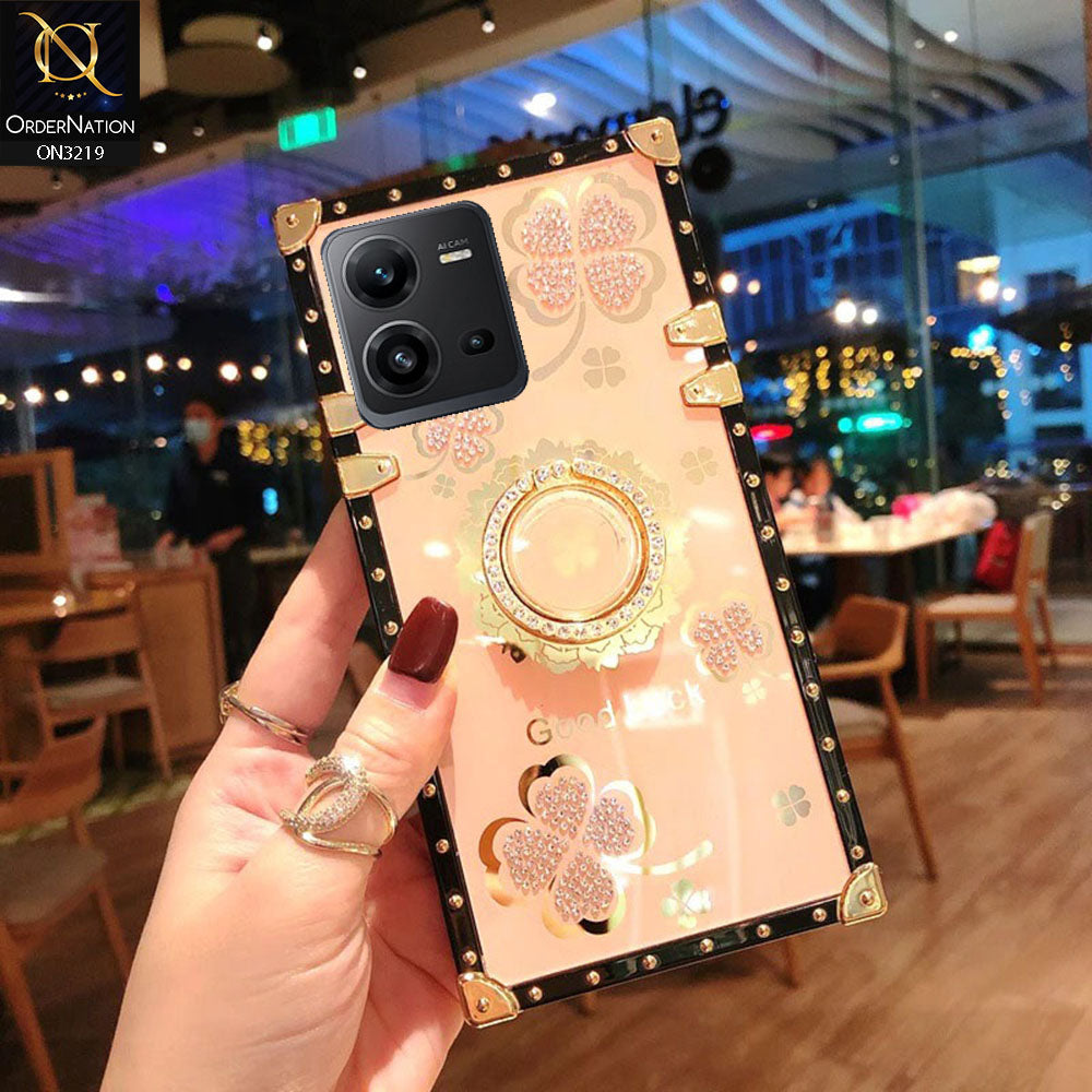 Vivo V25 5G Cover - Golden -  Square Bling Diamond Glitter Soft TPU Trunk Case with Ring Holder