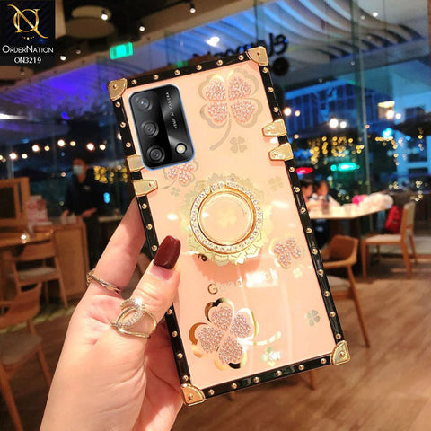 Oppo F19 Cover - Golden - Square Bling Diamond Glitter Soft TPU Trunk Case with Ring Holder