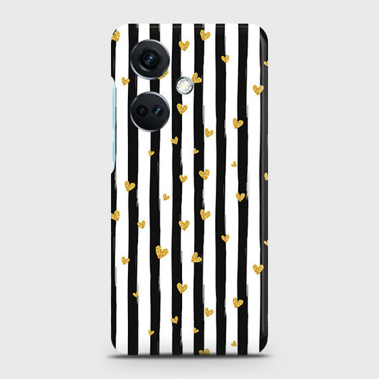 OnePlus Nord CE3 Cover - Trendy Black & White Lining With Golden Hearts Printed Hard Case with Life Time Colors Guarantee