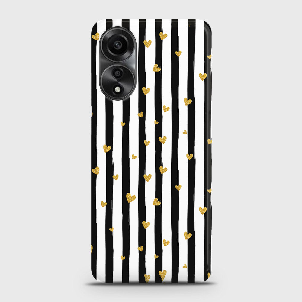 Oppo A58 4G Cover - Trendy Black & White Lining With Golden Hearts Printed Hard Case with Life Time Colors Guarantee (Fast Delivery)