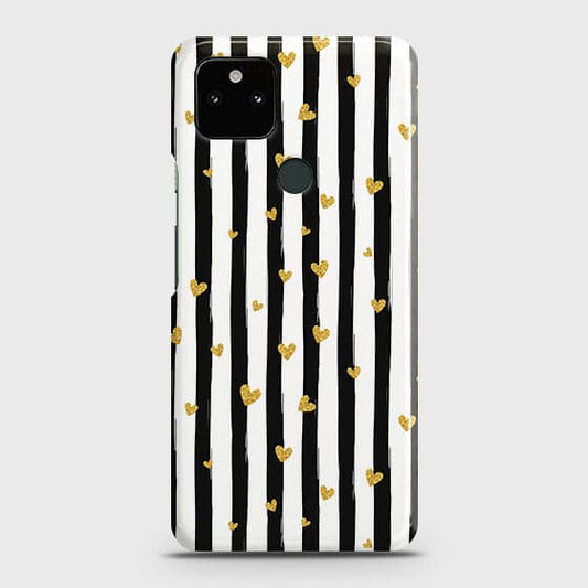 Google Pixel 5a 5G Cover - Trendy Black & White Lining With Golden Hearts Printed Hard Case with Life Time Colors Guarantee (Fast Delivery)