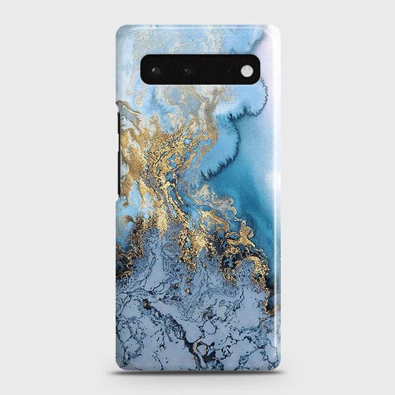 Google Pixel 6 Cover - Trendy Golden & Blue Ocean Marble Printed Hard Case with Life Time Colors Guarantee ( Fast Delivery )