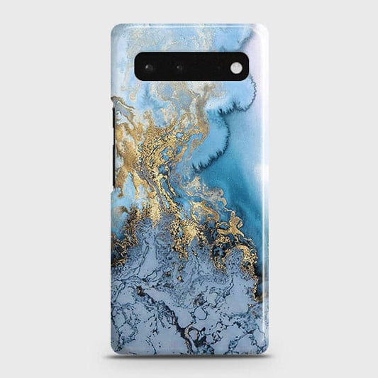 Google Pixel 6 Cover - Trendy Golden & Blue Ocean Marble Printed Hard Case with Life Time Colors Guarantee ( Fast Delivery )