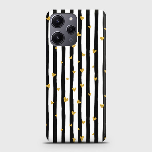 Xiaomi Redmi 12 Cover - Trendy Black & White Lining With Golden Hearts Printed Hard Case with Life Time Colors Guarantee