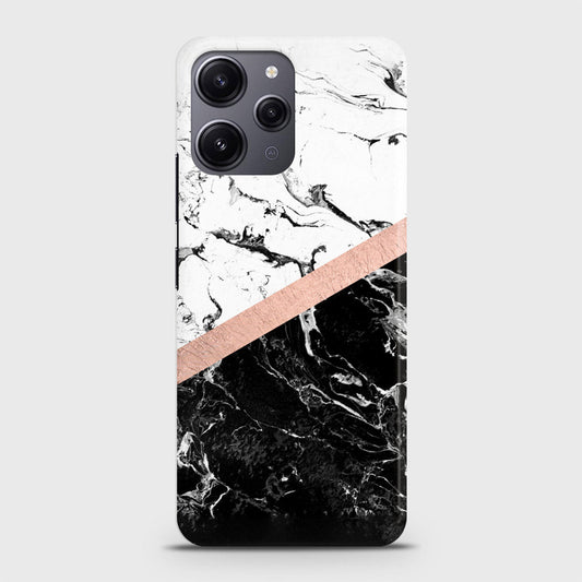 Xiaomi Redmi 12 Cover - Black & White Marble With Chic RoseGold Strip Case with Life Time Colors Guarantee