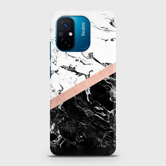 Xiaomi Poco C55 Cover - Black & White Marble With Chic RoseGold Strip Case with Life Time Colors Guarantee
