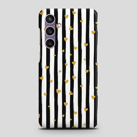 Samsung Galaxy A15 4G Cover - Trendy Black & White Lining With Golden Hearts Printed Hard Case with Life Time Colors Guarantee (Fast Delivery)(FS)