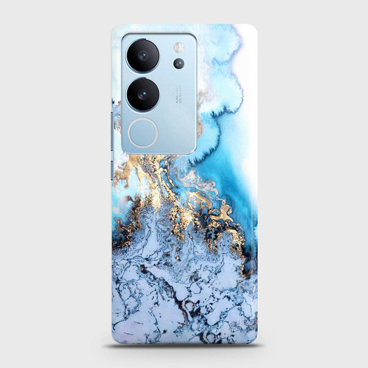 Vivo V29 Cover - Trendy Golden & Blue Ocean Marble Printed Hard Case with Life Time Colors Guarantee