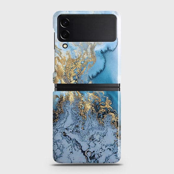 Samsung Galaxy Z Flip 4 5G Cover - Trendy Golden & Blue Ocean Marble Printed Hard Case with Life Time Colors Guarantee ( Fast Delivery )