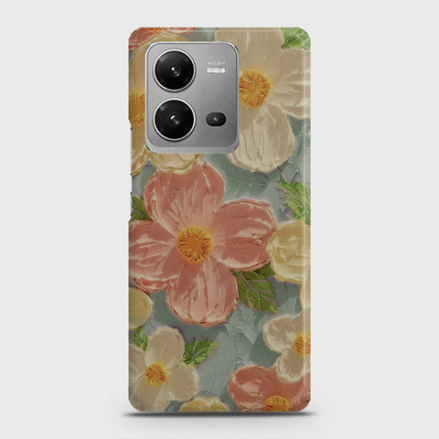 Vivo V25 Cover - Floral Series - Design 16 - Cyan & Pink - Matte Finish - Snap On Hard Case with LifeTime Colors Guarantee