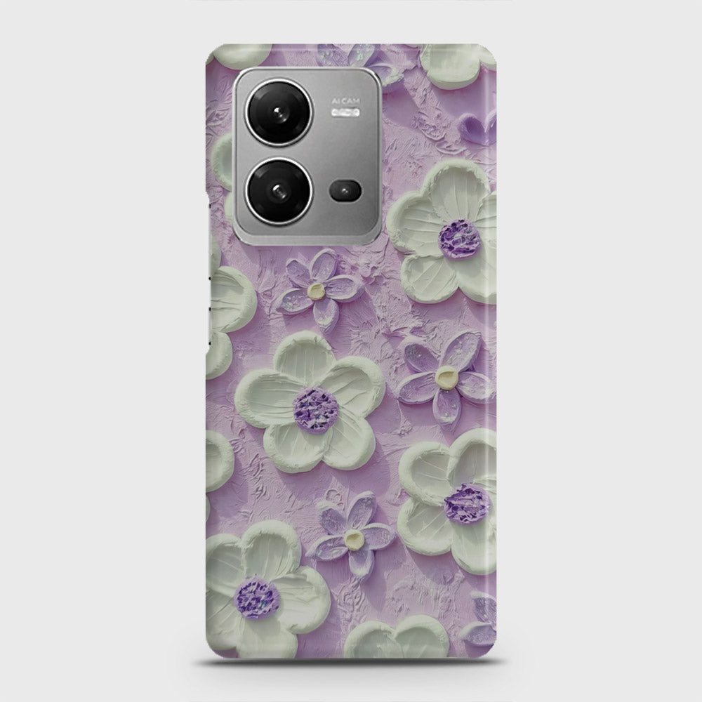 Vivo V25 Cover - Floral Series - Design 4 - Purple & White - Matte Finish - Snap On Hard Case with LifeTime Colors Guarantee
