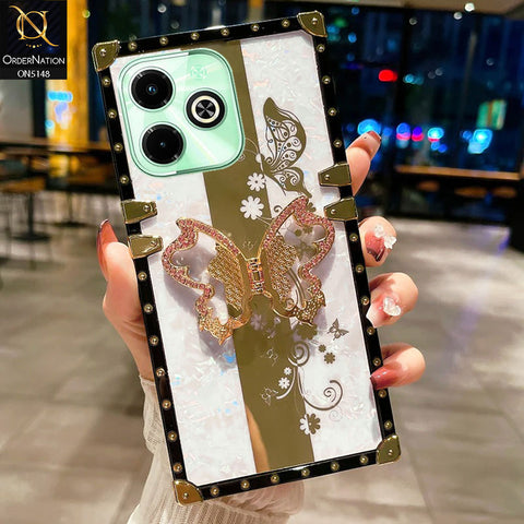 Infinix Smart 8 Plus Cover - White -  Luxury Shiny Rhinestone Butterfly Electroplated Square Trunk Soft Case