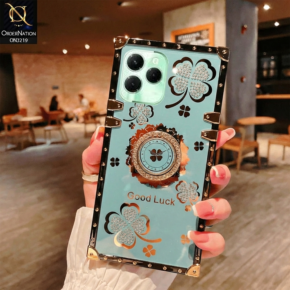 Infinix Hot 40 Pro Cover - Green - Square Bling Diamond Glitter Soft TPU Trunk Case with Ring Holder