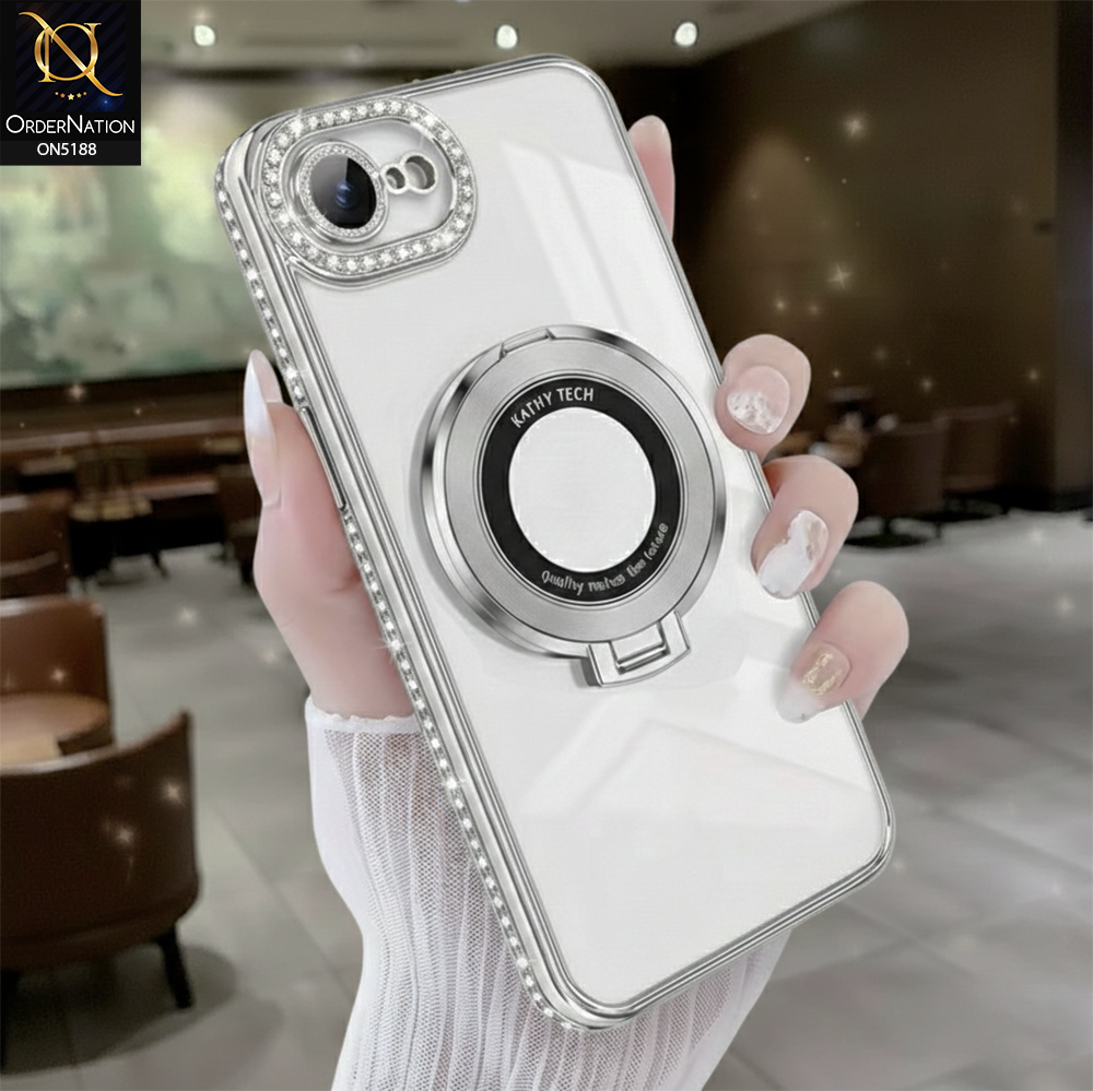 iPhone 16e Cover - Silver - Luxury Diamond Rhinestones Color Electroplating Borders Magsafe Magnetic Stand Holder Soft Clear Case With Camera Protection