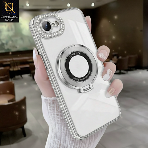 iPhone 16e Cover - Silver - Luxury Diamond Rhinestones Color Electroplating Borders Magsafe Magnetic Stand Holder Soft Clear Case With Camera Protection