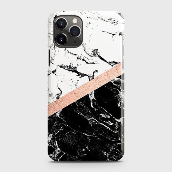 iPhone 11 Pro Max Cover - Black & White Marble With Chic RoseGold Strip Case with Life Time Colors Guarantee B(36) ( Fast Delivery )