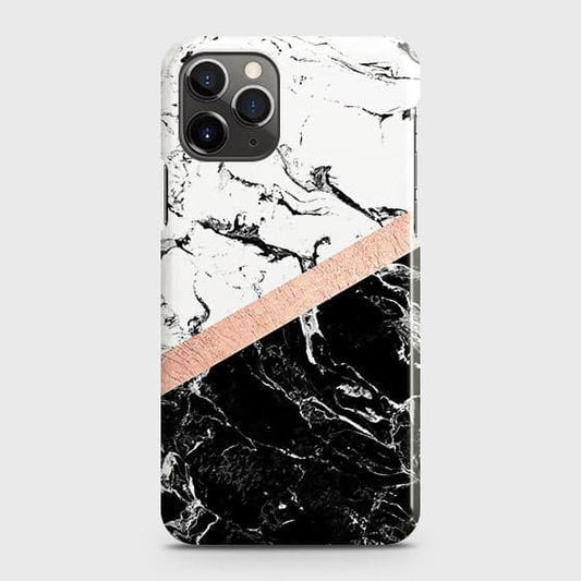 iPhone 11 Pro Max Cover - Black & White Marble With Chic RoseGold Strip Case with Life Time Colors Guarantee B(36) ( Fast Delivery )