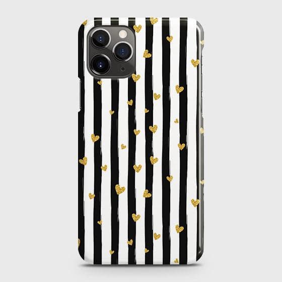 iPhone 11 Pro Max Cover - Trendy Black & White Lining With Golden Hearts Printed Hard Case with Life Time Colors Guarantee ( Fast Delivery )