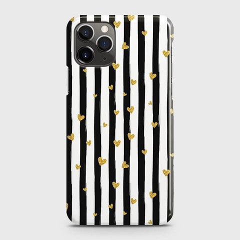 iPhone 11 Pro Max Cover - Trendy Black & White Lining With Golden Hearts Printed Hard Case with Life Time Colors Guarantee ( Fast Delivery )