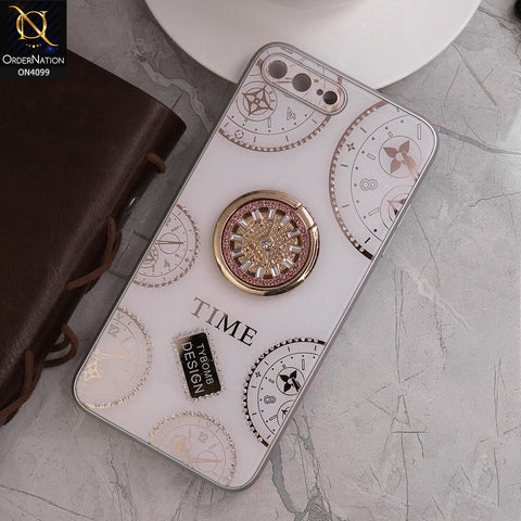 iPhone 8 Plus / 7 Plus Cover - White - Bling Shiny Back Shell Soft Round Borders Camera Protection Case With Ring Holder