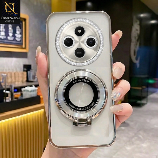 Xiaomi Redmi 14C Cover - Silver - Luxury Diamond Rhinestones Color Electroplating Borders Magsafe Magnetic Stand Holder Soft Clear Case With Camera Protection