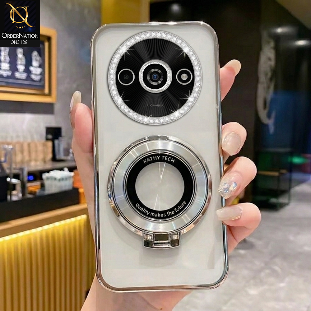 Xiaomi Poco C61 Cover - Silver - Luxury Diamond Rhinestones Color Electroplating Borders Magsafe Magnetic Stand Holder Soft Clear Case With Camera Protection