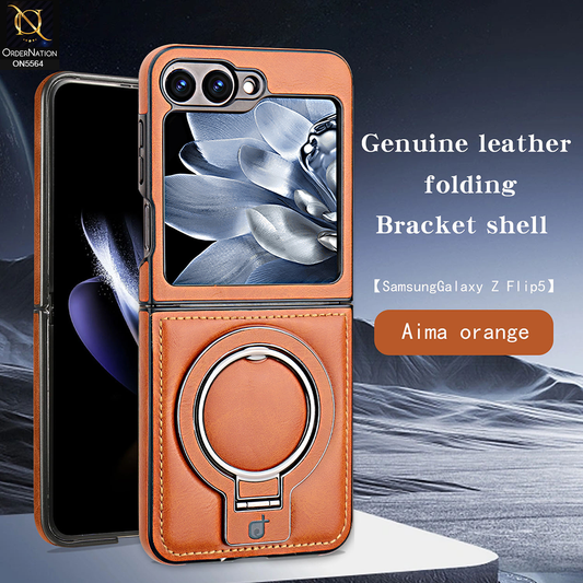 Samsung Galaxy Z Flip 6 Cover - Brown - New Rimbmax High Quality Leather Case With Metal Camera Ring And KickStand