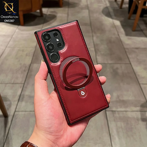 Samsung Galaxy S23 Ultra 5G Cover - Maroon - Luxury Leather Case Supports Magsafe Wireless Charging, Kickstand Bracket Holder Soft Border Case