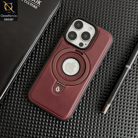 iPhone 14 Pro Max Cover - Maroon - Luxury Leather Case Supports Magsafe Wireless Charging, Kickstand Bracket Holder Soft Border Case