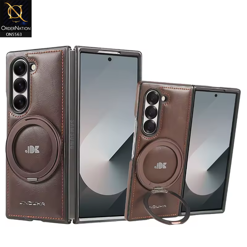 Samsung Galaxy Z Fold 6 5G Cover - Coffee Brown - New Jinduka Premium Leather Case With Metal Kick Stand And Mage Safe
