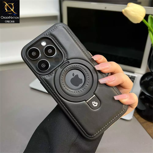 iPhone 15 Pro Max Cover - Black - Luxury Leather Case Supports Magsafe Wireless Charging, Kickstand Bracket Holder Soft Border Case